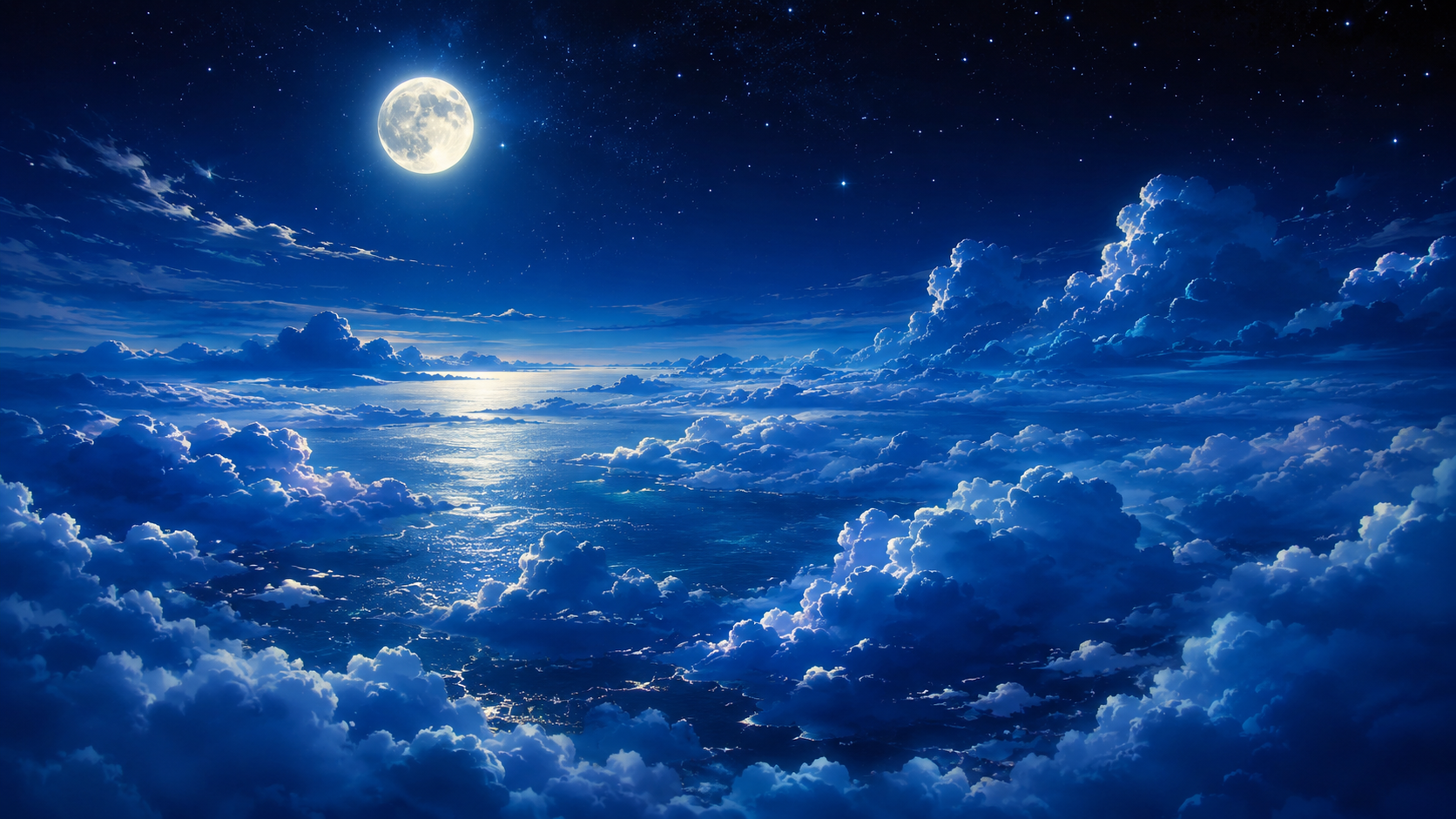 Moonlit night cloud ocean 4K wallpaper with full moon, starry sky, blue clouds, and silver sea reflections.