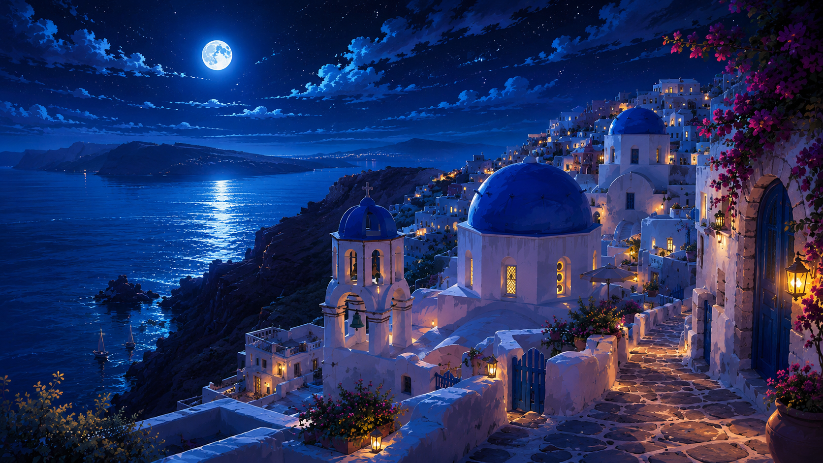 Moonlit Santorini night sea 4K wallpaper with blue domes, white village, glowing lanterns, full moon, stars, and silver sea.