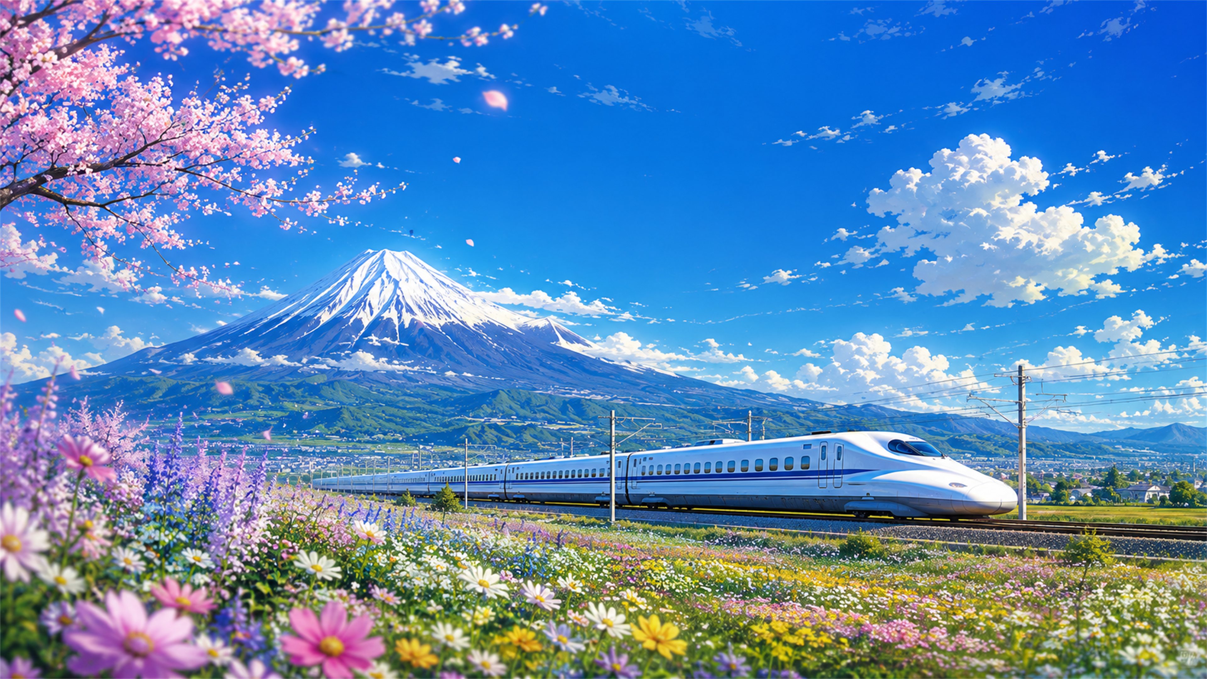 Mount Fuji Shinkansen spring 4K wallpaper with cherry blossoms, wildflowers, a bullet train, and bright blue sky.