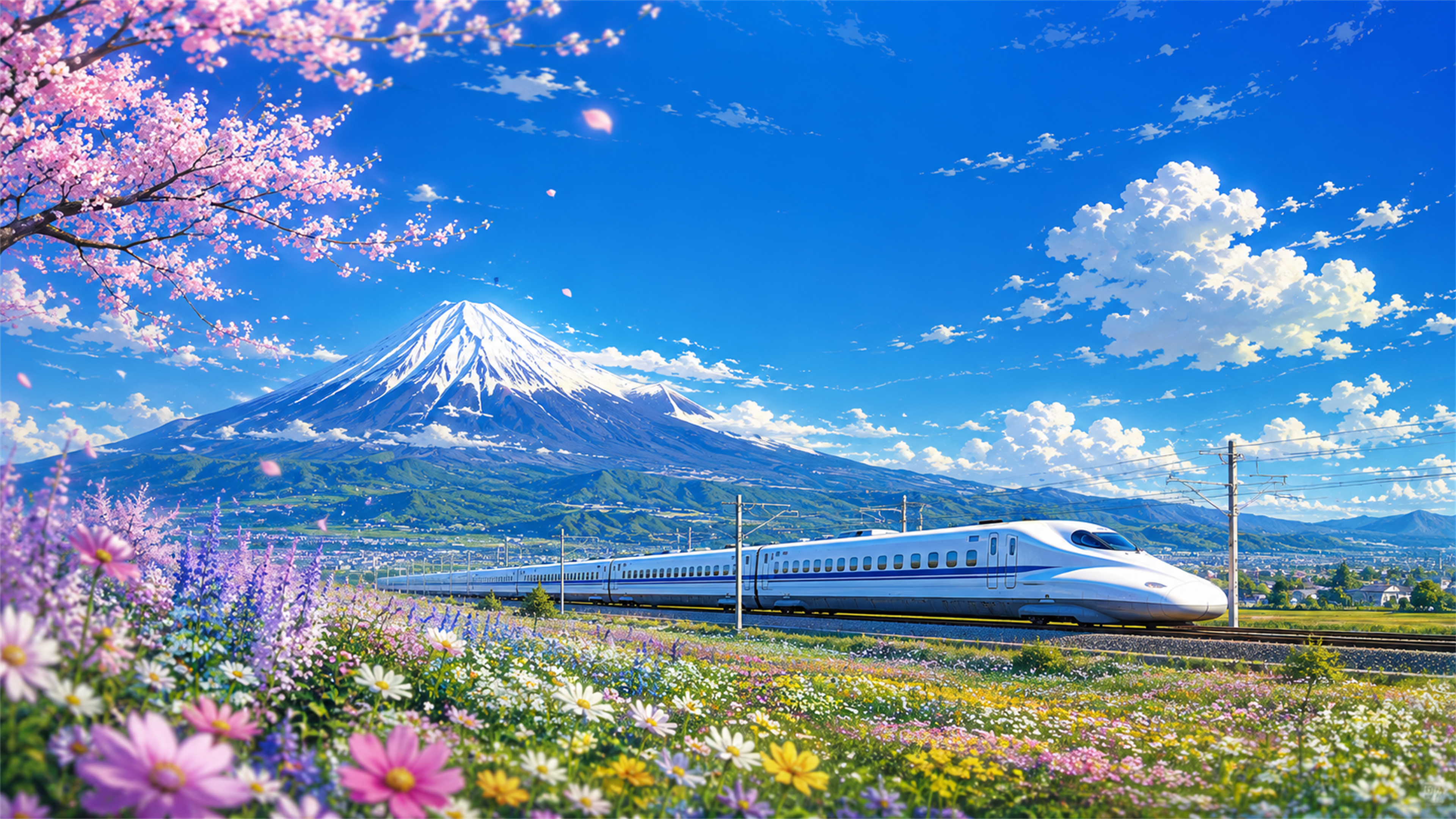 Mount Fuji Shinkansen spring 4K wallpaper with cherry blossoms, wildflowers, a bullet train, and bright blue sky.