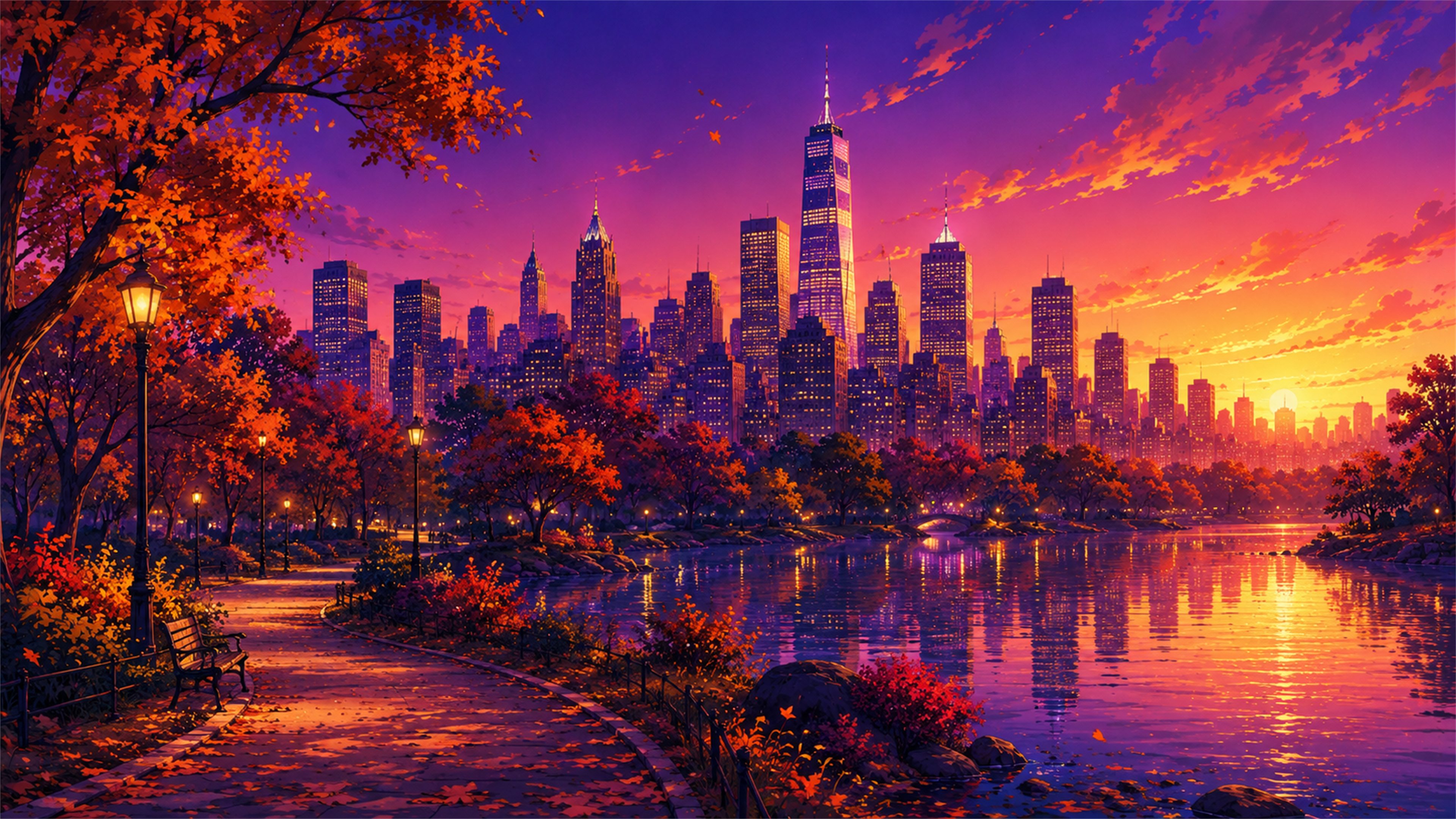 Autumn Manhattan park skyline 4K wallpaper with orange trees, sunset water reflections, and New York towers.