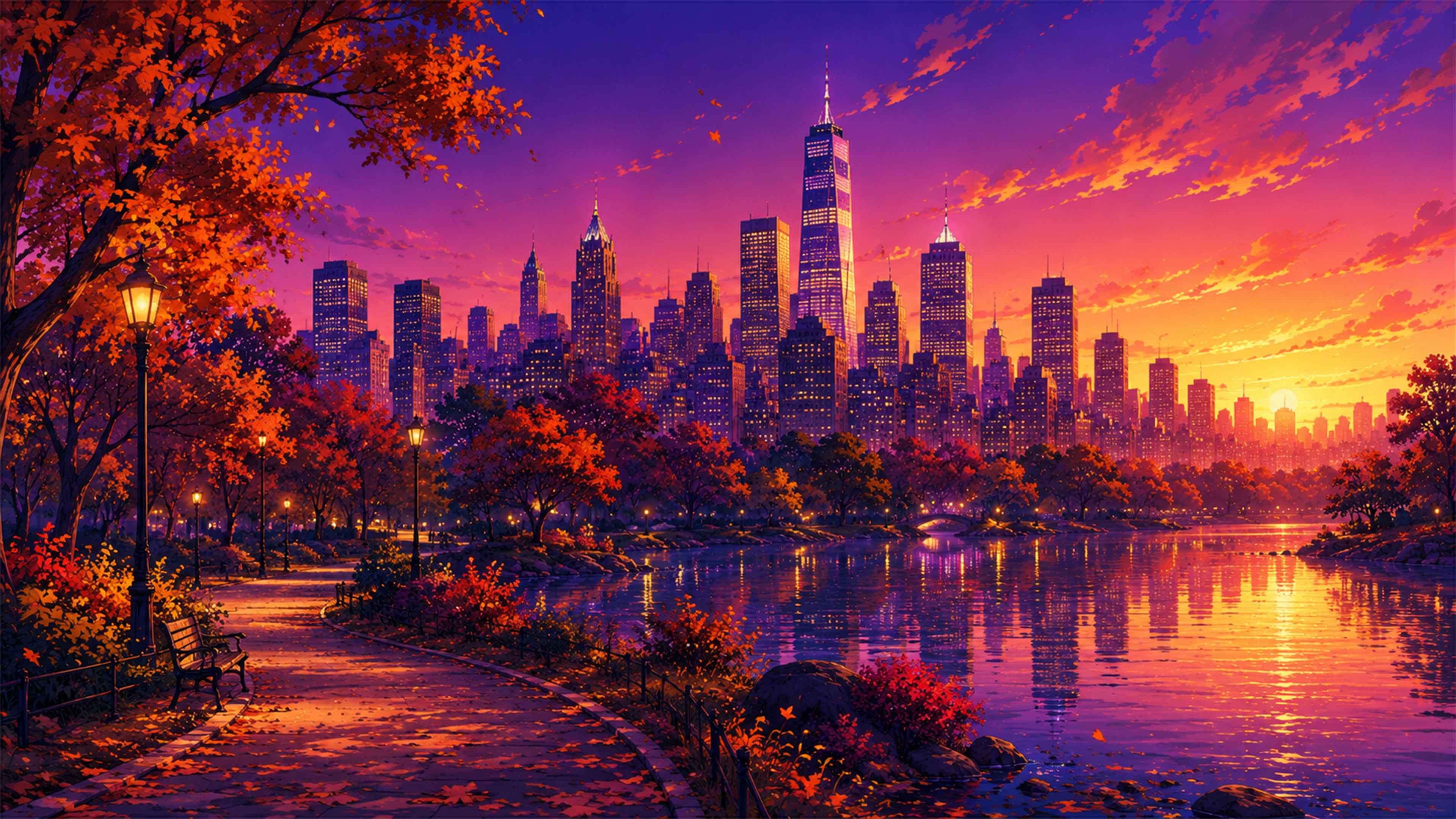 Autumn Manhattan park skyline 4K wallpaper with orange trees, sunset water reflections, and New York towers.