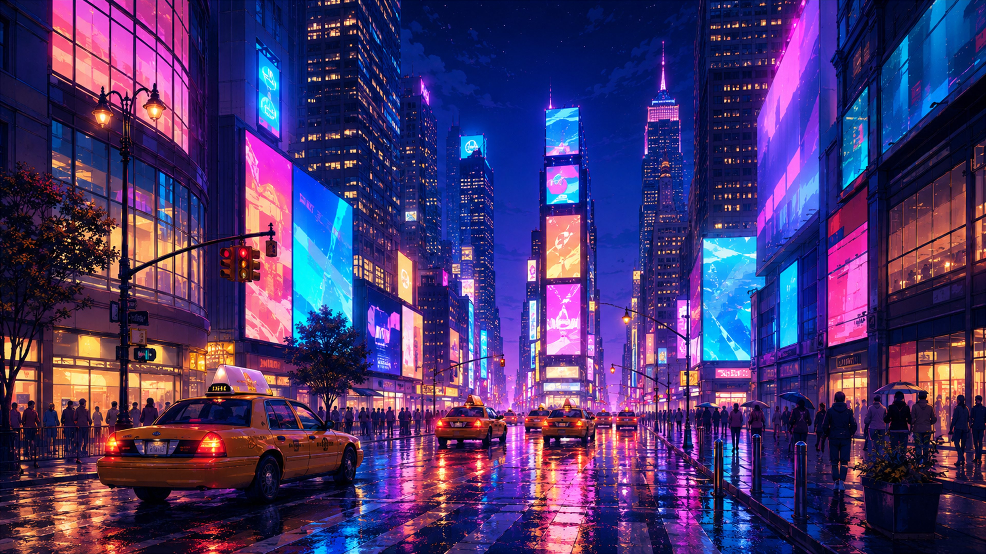 Neon rain New York city street 4K wallpaper with yellow taxis, glowing billboards, wet pavement, and night skyline.