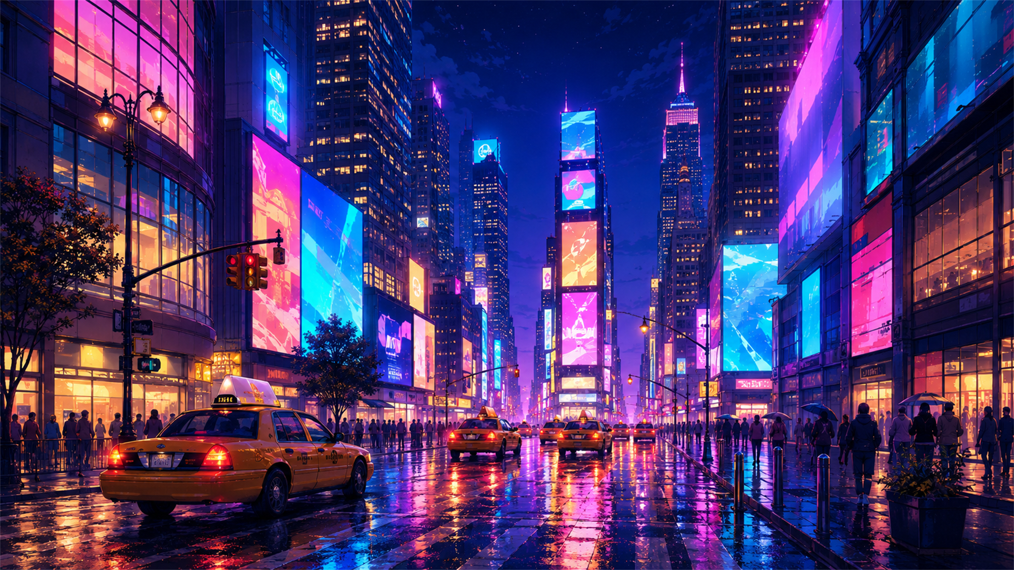 Neon rain New York city street 4K wallpaper with yellow taxis, glowing billboards, wet pavement, and night skyline.
