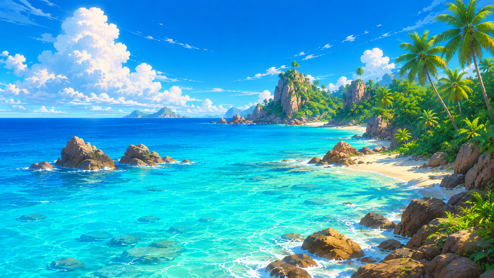 Palm beach turquoise shore 4K wallpaper with clear blue water, white sand, rocks, and green palm trees.
