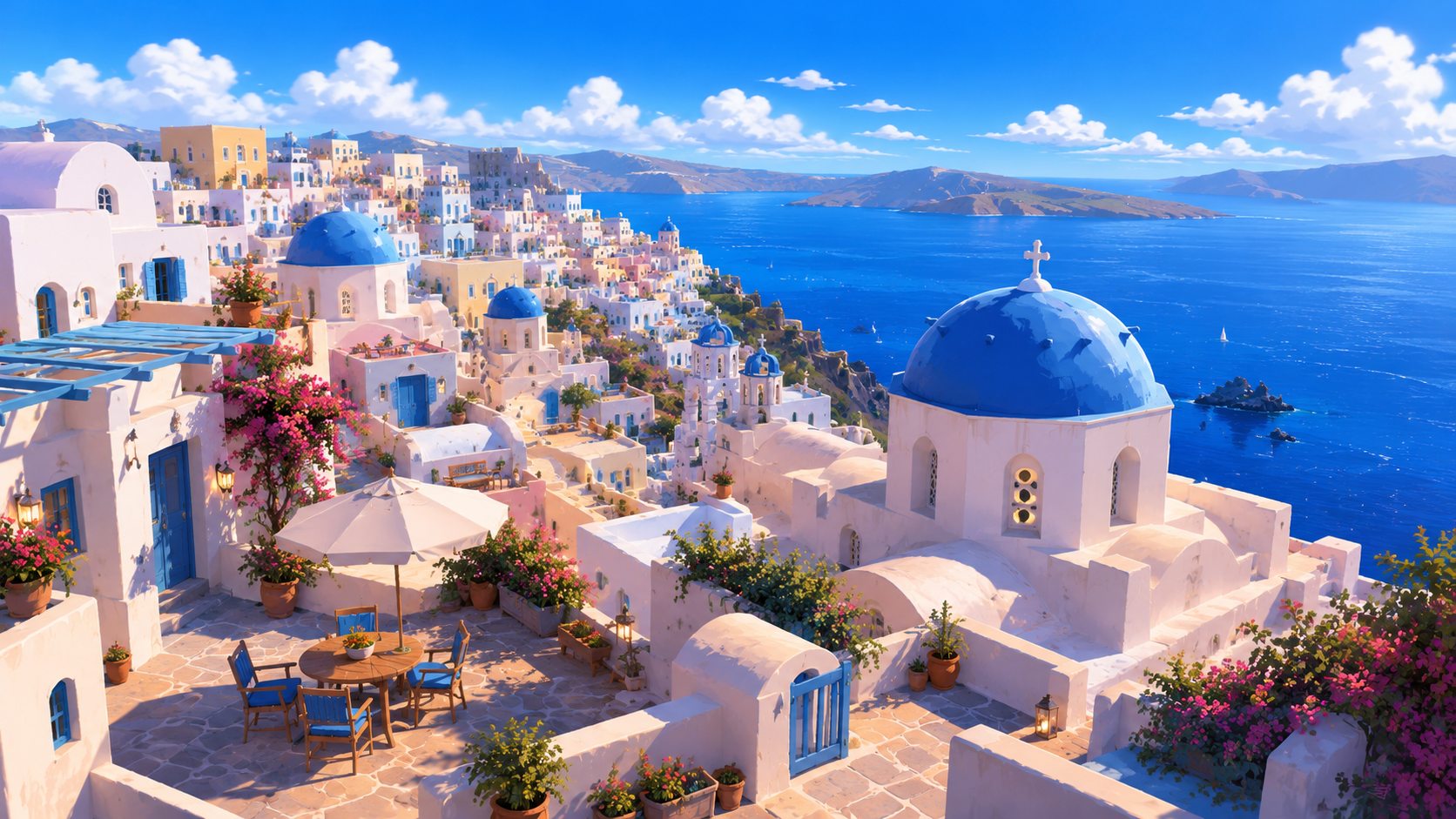 Santorini-style blue dome Aegean day 4K wallpaper with white village houses, flowers, and deep blue sea.