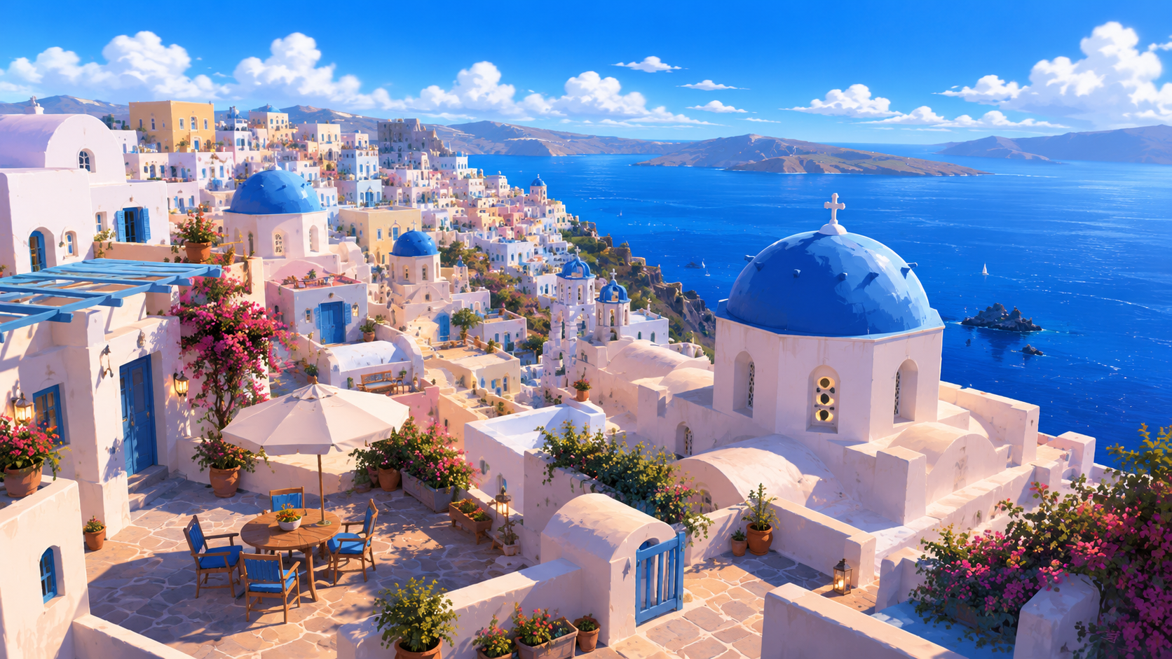 Santorini-style blue dome Aegean day 4K wallpaper with white village houses, flowers, and deep blue sea.