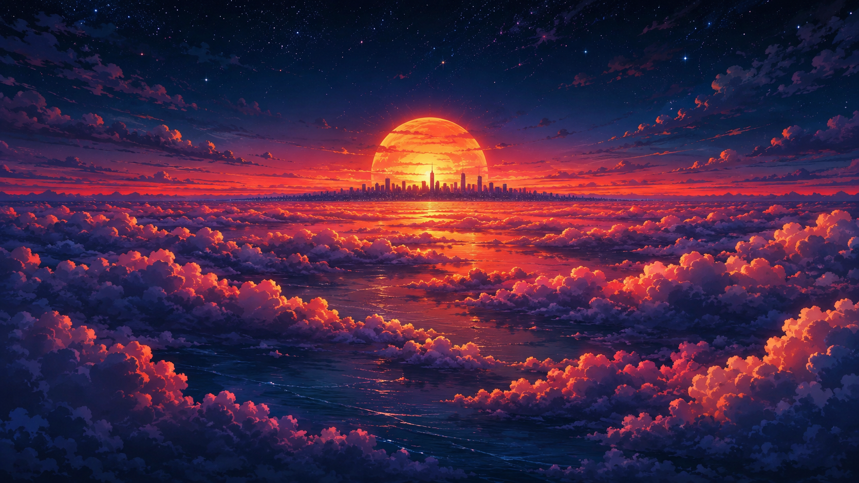 Starry red sun city horizon 4K wallpaper with futuristic skyline, huge red sun, dark clouds, stars, and water reflections.