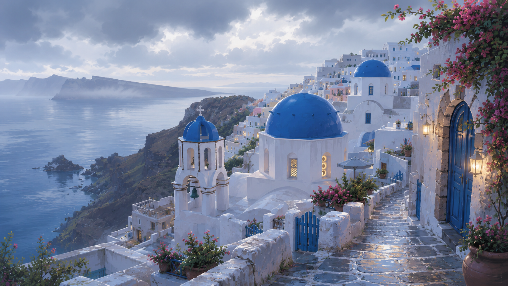 Stormy Santorini-style blue domes 4K wallpaper with white cliffside buildings, grey sea, wet stone path, and dark clouds.