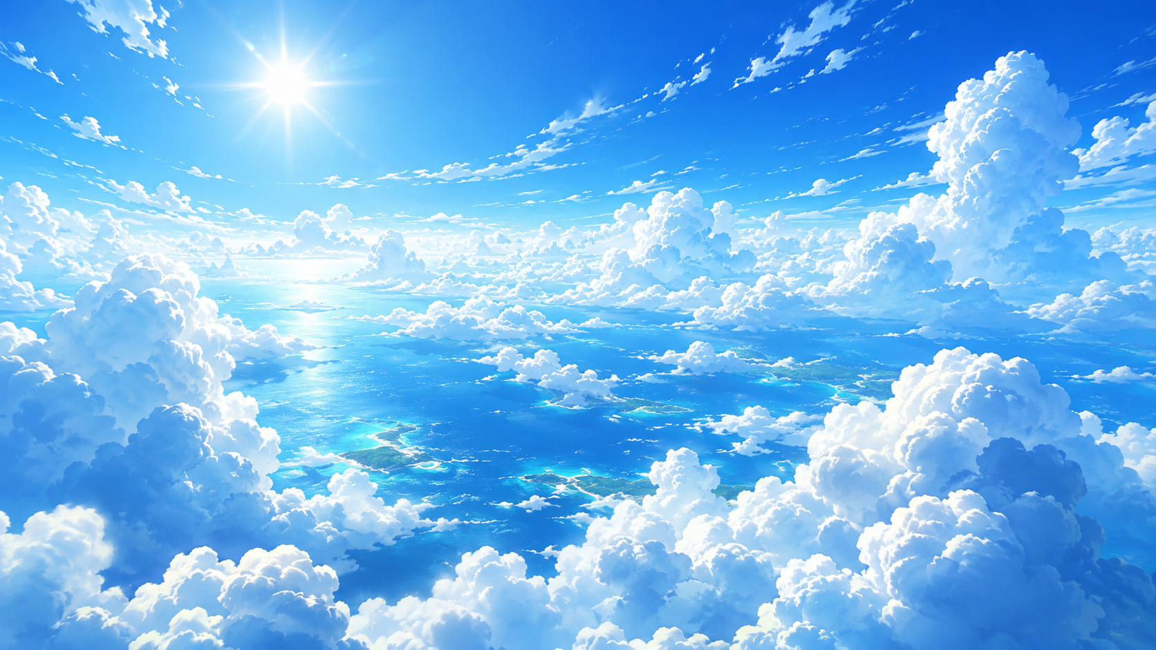 Sunlit cloud ocean sky 4K wallpaper with bright blue sky, white clouds, sun rays, and blue sea below.