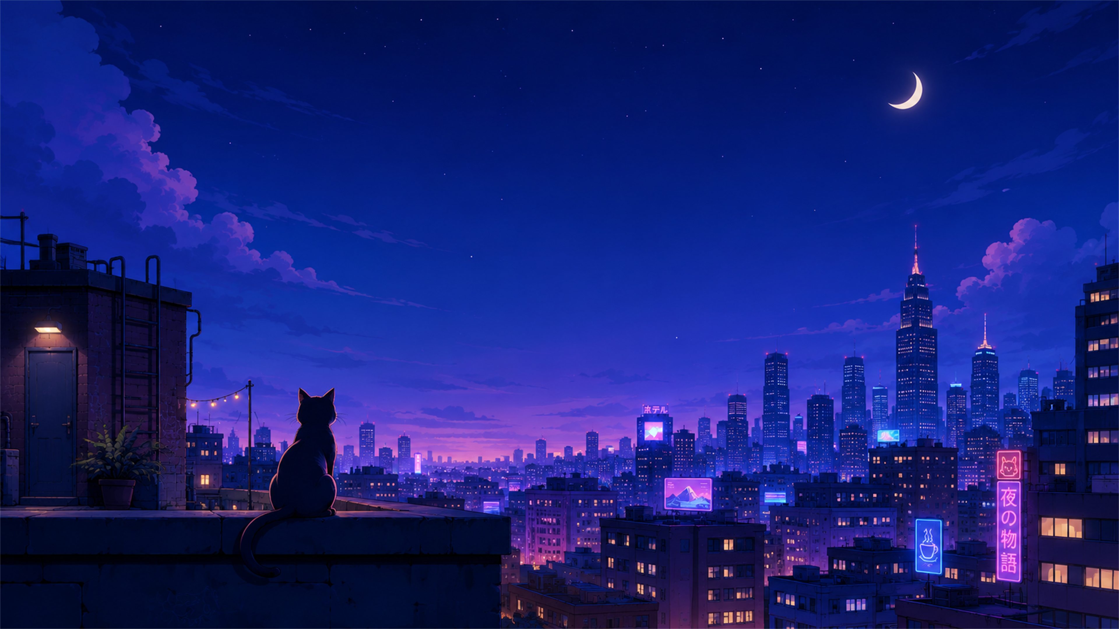 Tokyo moonlit cat rooftop 4K wallpaper with crescent moon, neon signs, blue skyline, and a quiet city view.