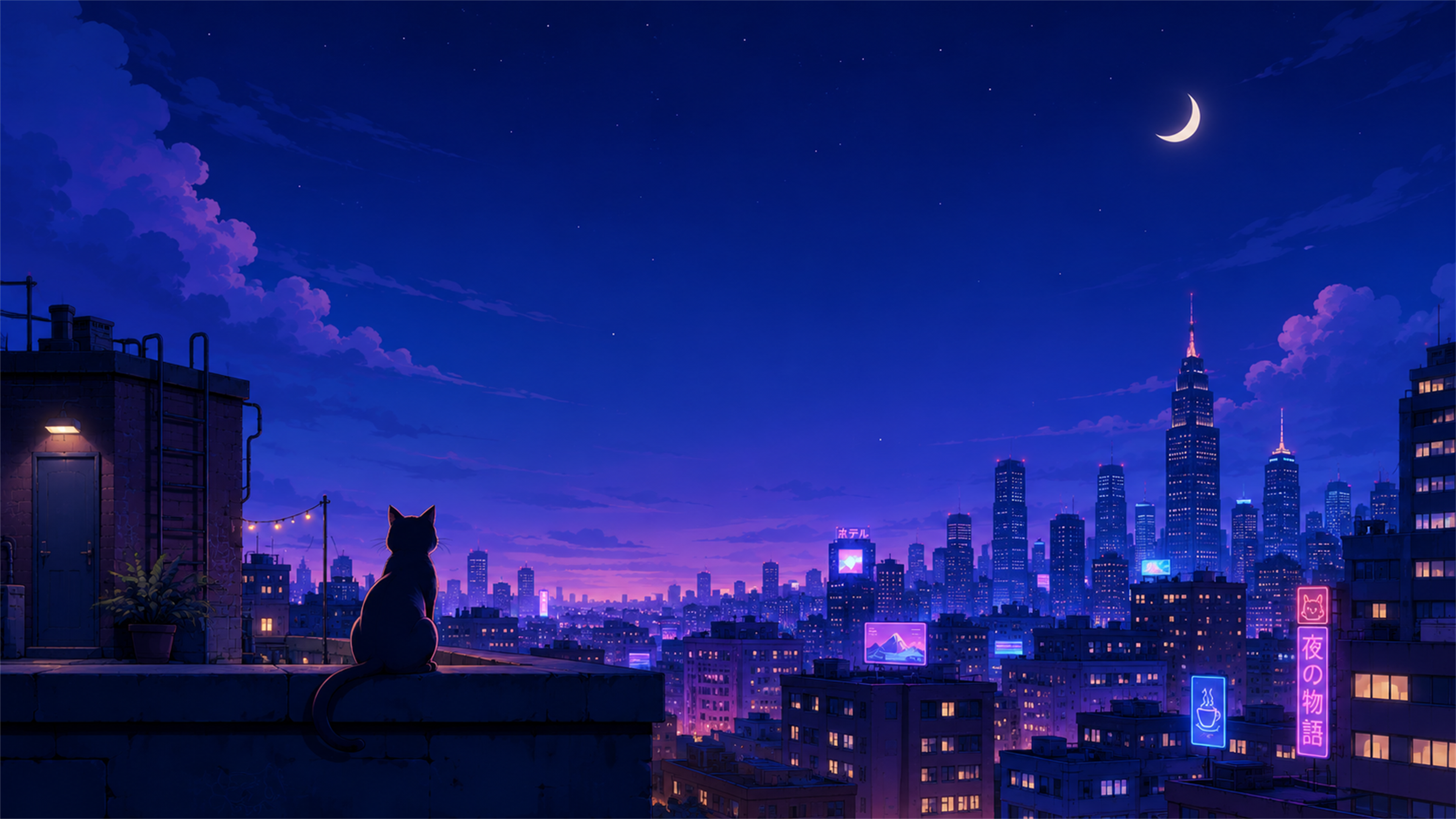 Tokyo moonlit cat rooftop 4K wallpaper with crescent moon, neon signs, blue skyline, and a quiet city view.