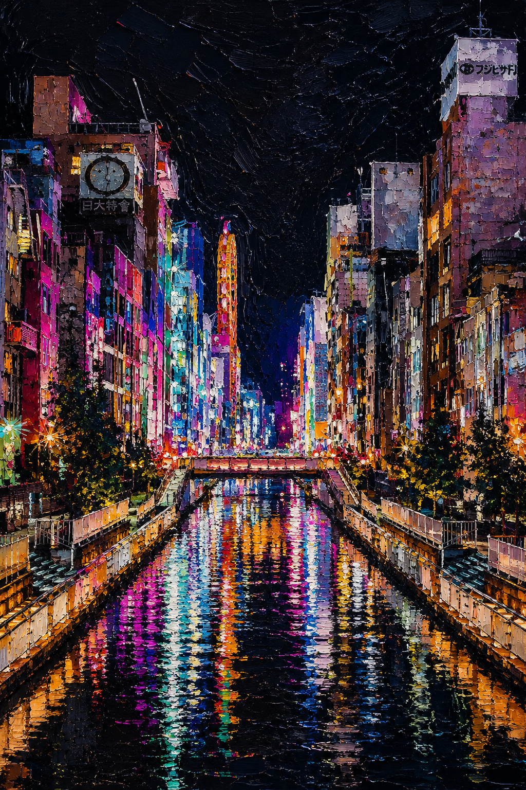 Portrait Tokyo neon canal night phone wallpaper with bright signs, dark sky, and colorful water reflections.