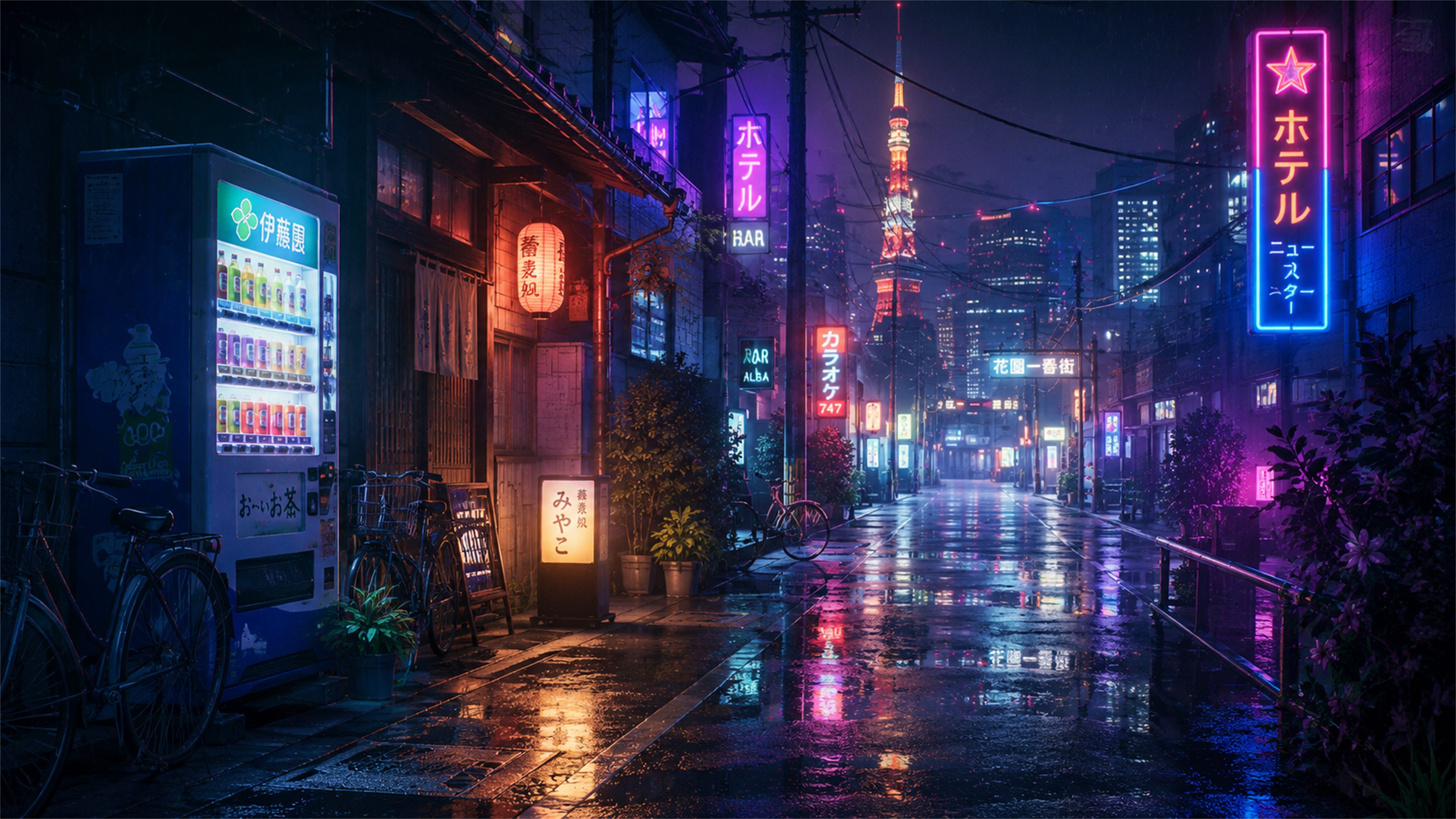 Tokyo neon rain alley 4K wallpaper with glowing hotel signs, vending machine, bicycles, wet pavement, and night city lights.