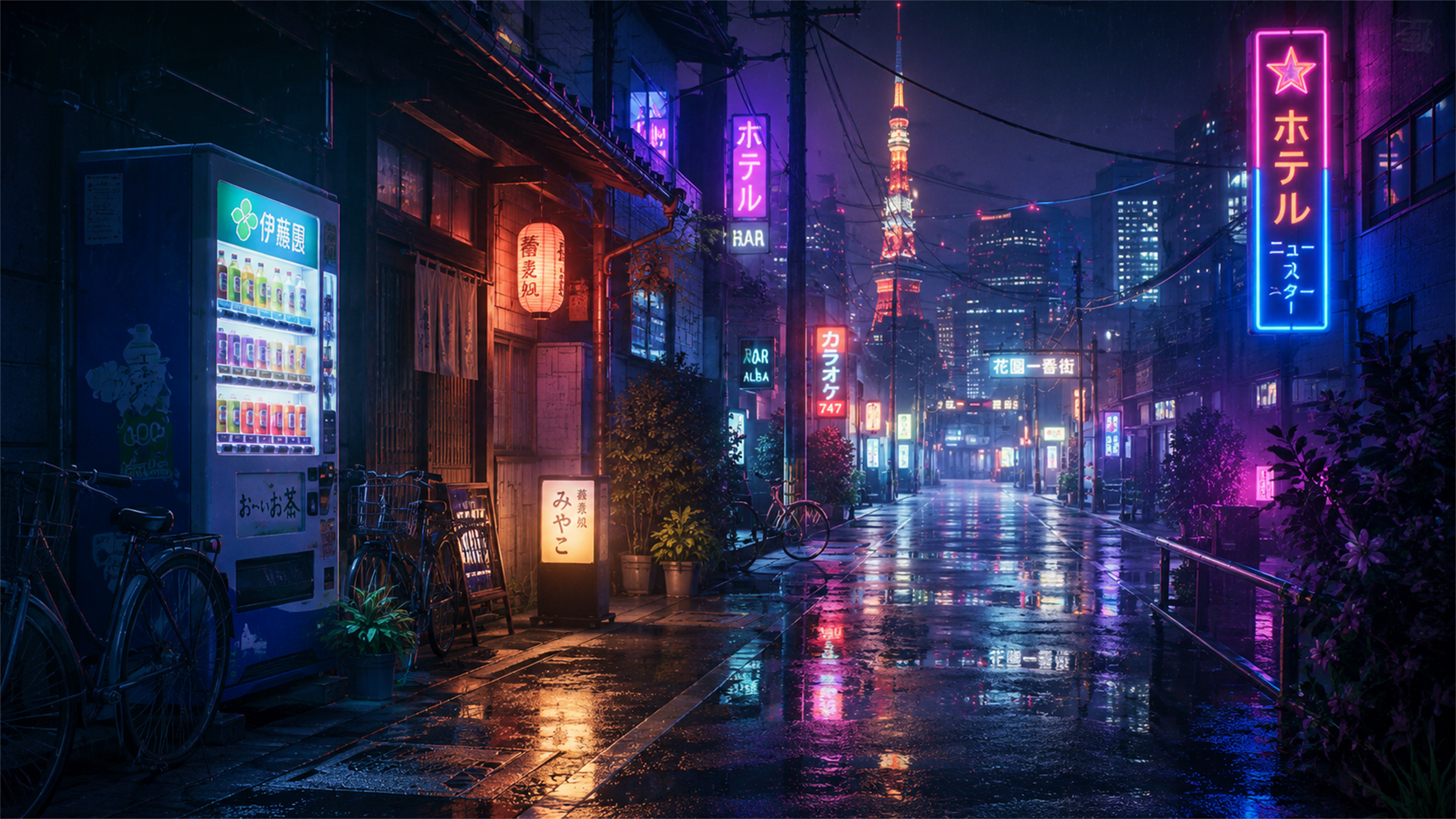 Tokyo neon rain alley 4K wallpaper with glowing hotel signs, vending machine, bicycles, wet pavement, and night city lights.