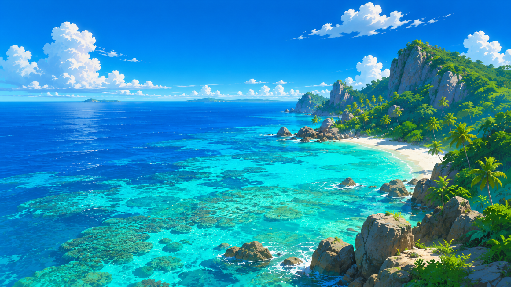 Tropical blue water cove 4K wallpaper with turquoise ocean, coral shallows, beach, rocks, and green palms.