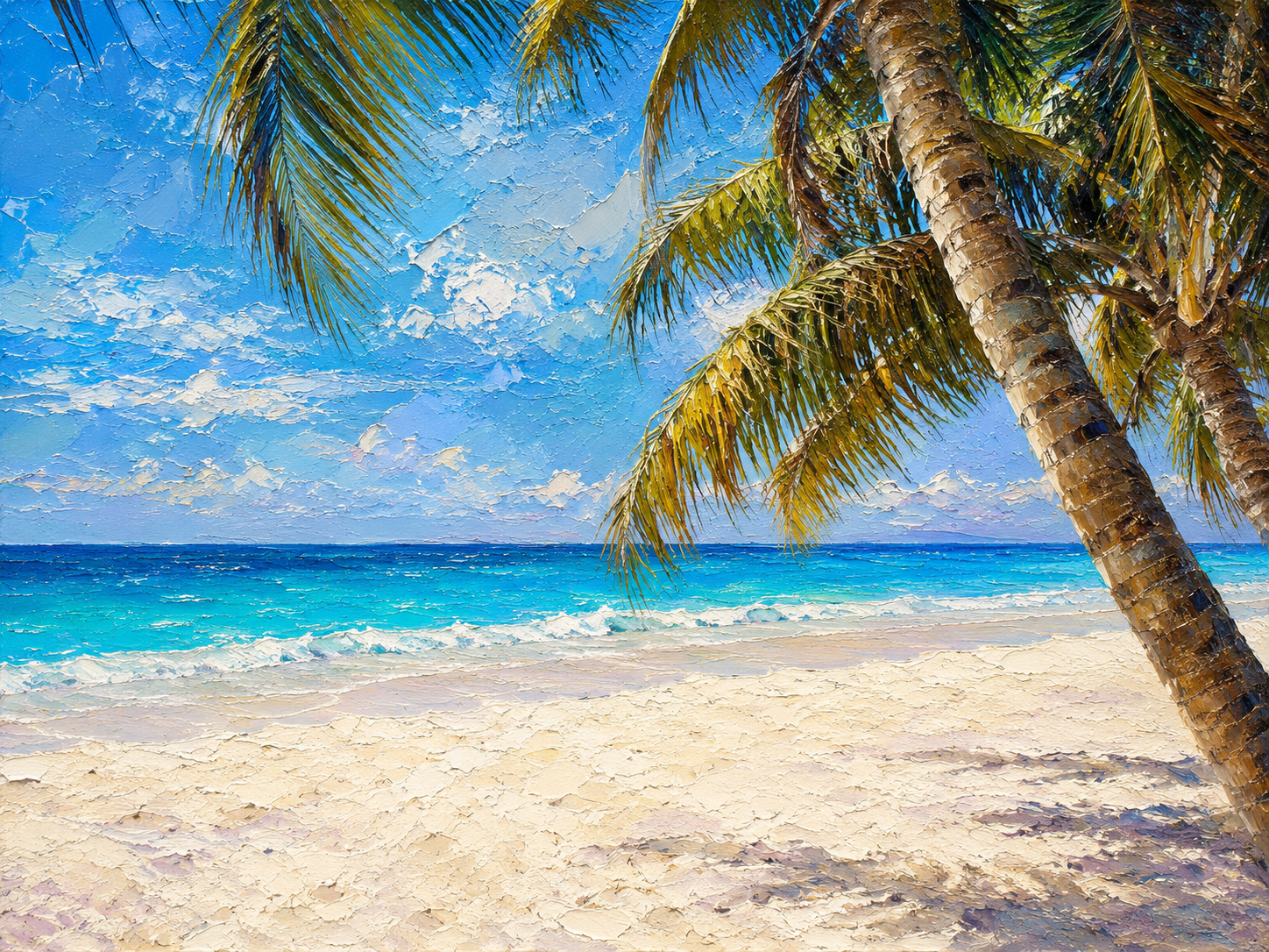 Painterly tropical beach wallpaper with palm trees, turquoise water, white sand, and a bright blue sky.