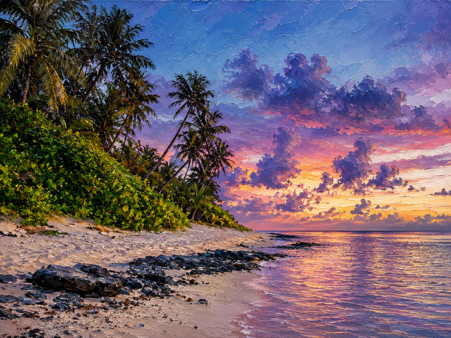 Painterly tropical sunset shoreline wallpaper with palm trees, glowing clouds, reflective ocean, and dark rocks.