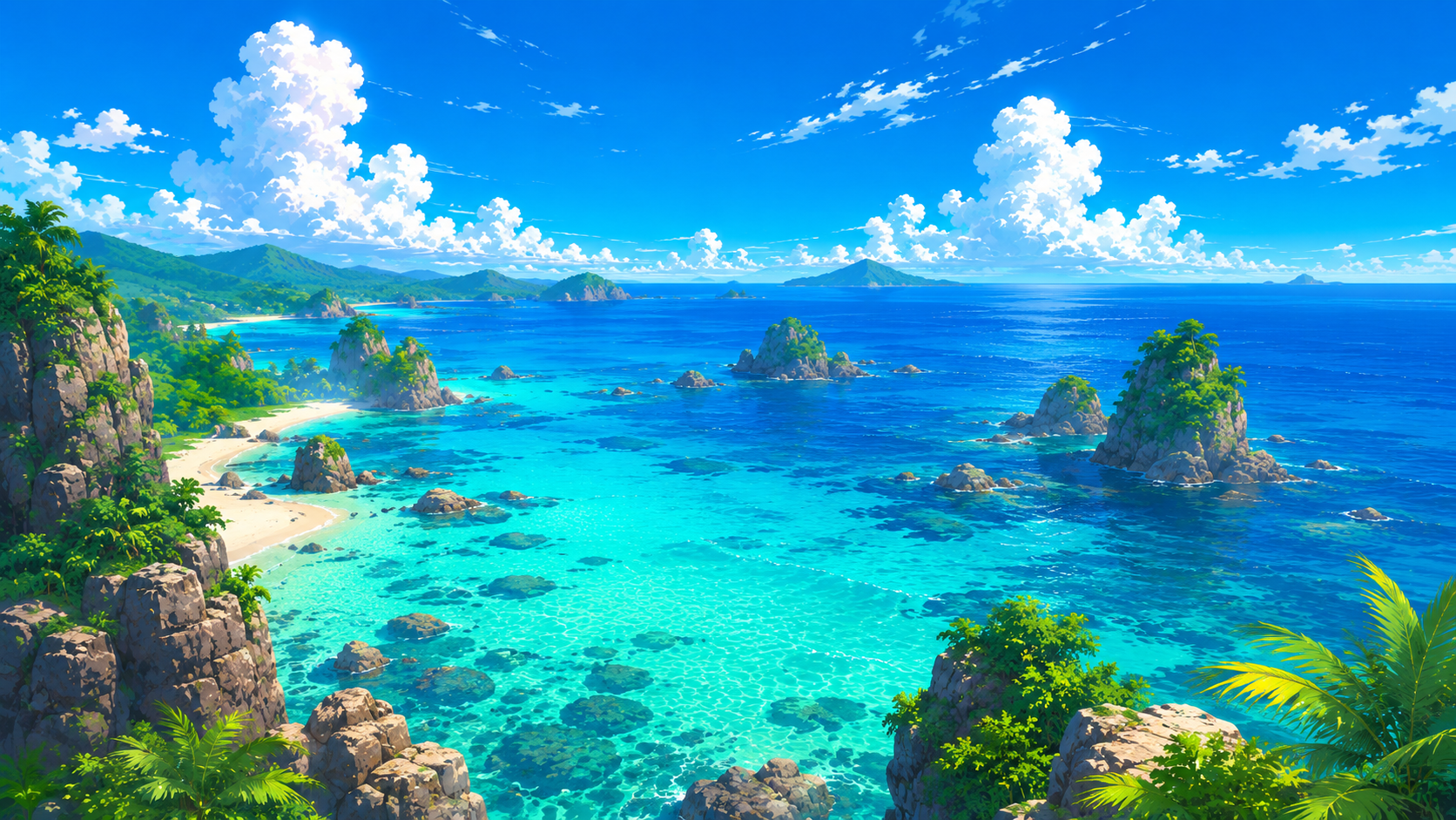 Turquoise island lagoon 4K wallpaper with clear blue water, rocky islets, white sand, and tropical palms.