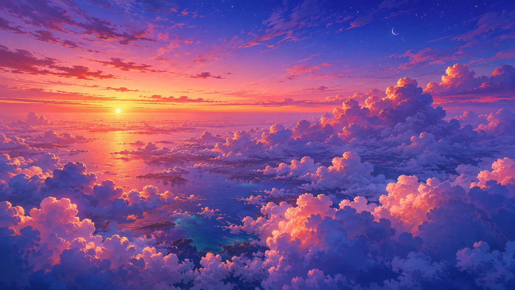 Twilight crescent cloud sea 4K wallpaper with crescent moon, stars, purple sky, sunset clouds, and blue ocean.