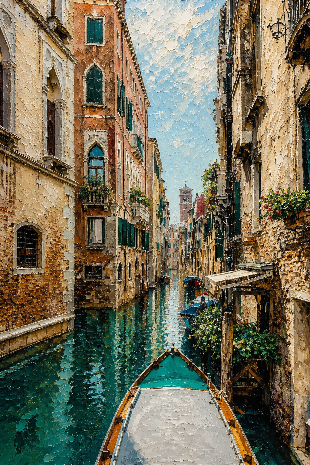 Portrait painterly Venice canal phone wallpaper with teal water, old buildings, a gondola bow, and blue sky.